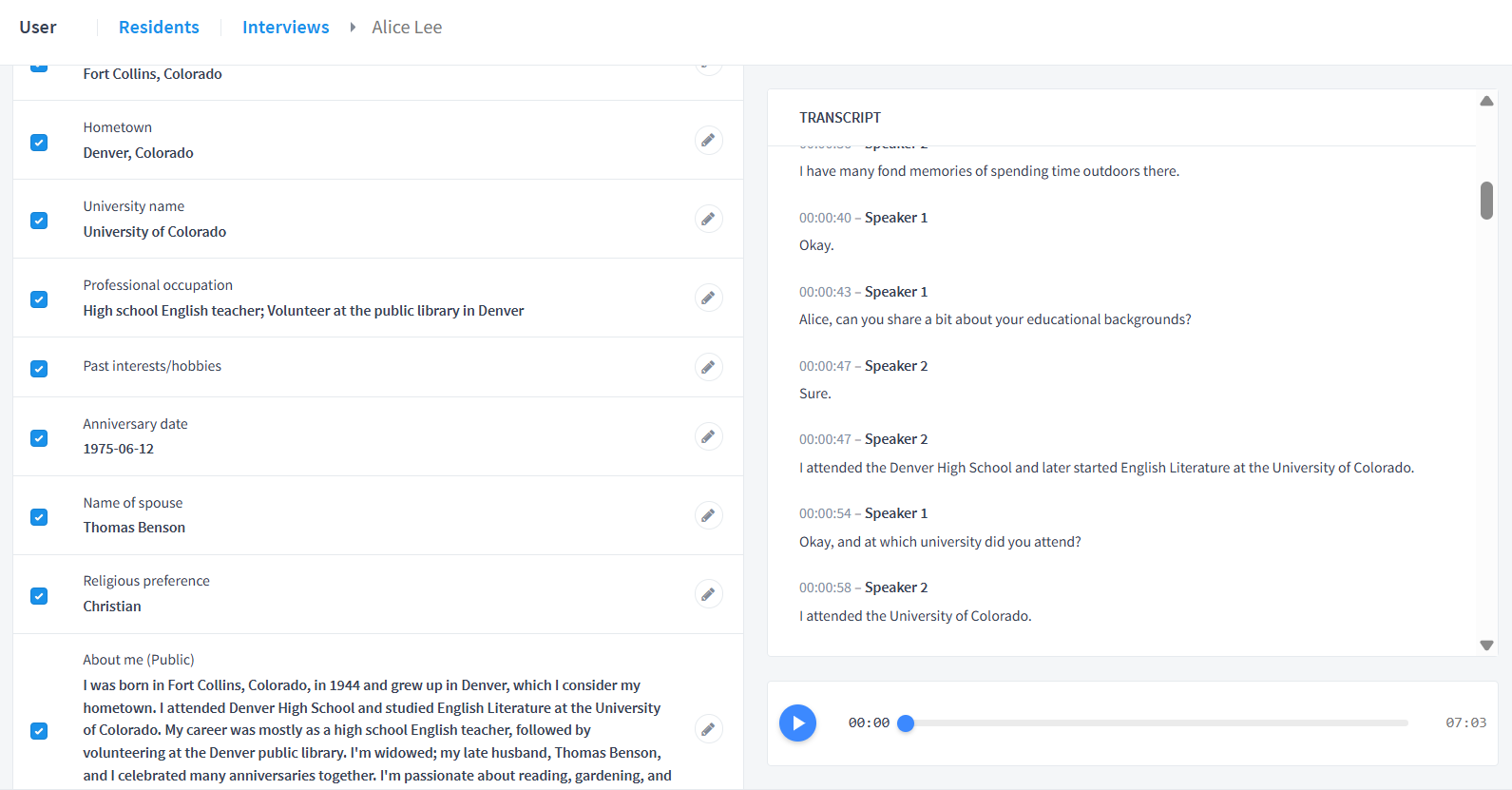 A transcript of a user interview, detailing their life story, education, career, and interests.

AI-generated content may be incorrect.
