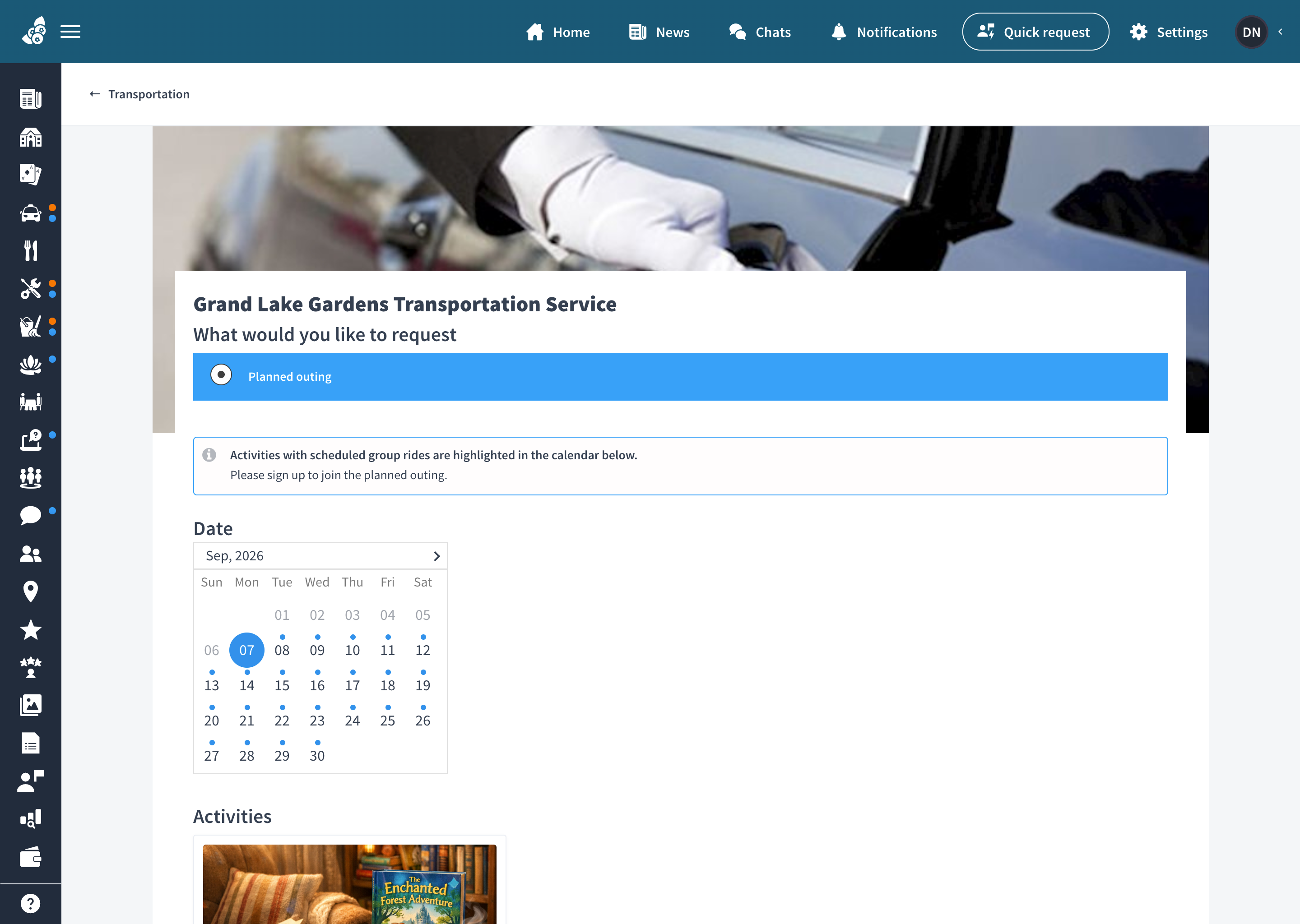 Planned outing preselected as the transportation type